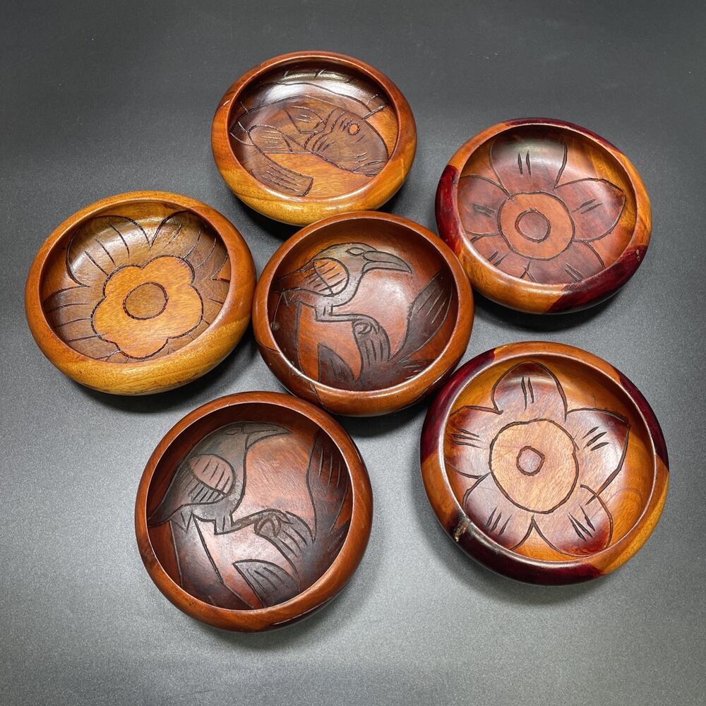 6 Vtg 1950s Haitian Wooden Hand Carved Salad Bowls Bird Fish Flower Artisan Made